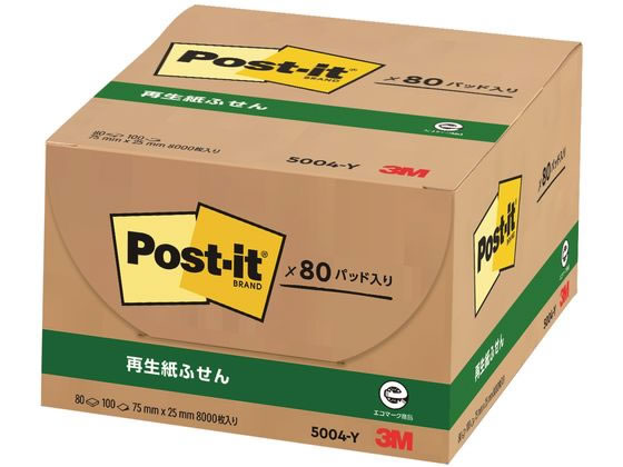 3M ポスト・イット ふせん業務用イエロー 100枚×80パッド 5004-Y 1箱(ご注文単位1箱)【直送品】