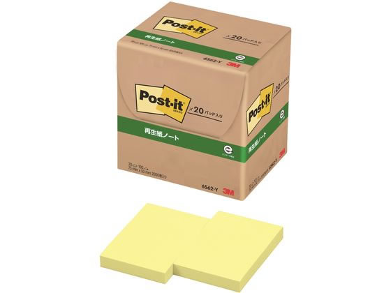 3M ポスト・イット ノート 再生紙 75×50mm イエロー 20冊 6562-Y 1箱（ご注文単位1箱)【直送品】