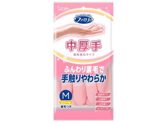 エステー ファミリー ビニール 中厚手 指先強化 M ピンク 1双 1袋(ご注文単位1袋)【直送品】