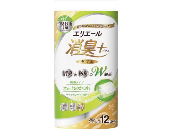 大王製紙 エリエール 消臭+トイレットティシュー ダブル 25mナチュラル12ロール 1パック(ご注文単位1パック)【直送品】