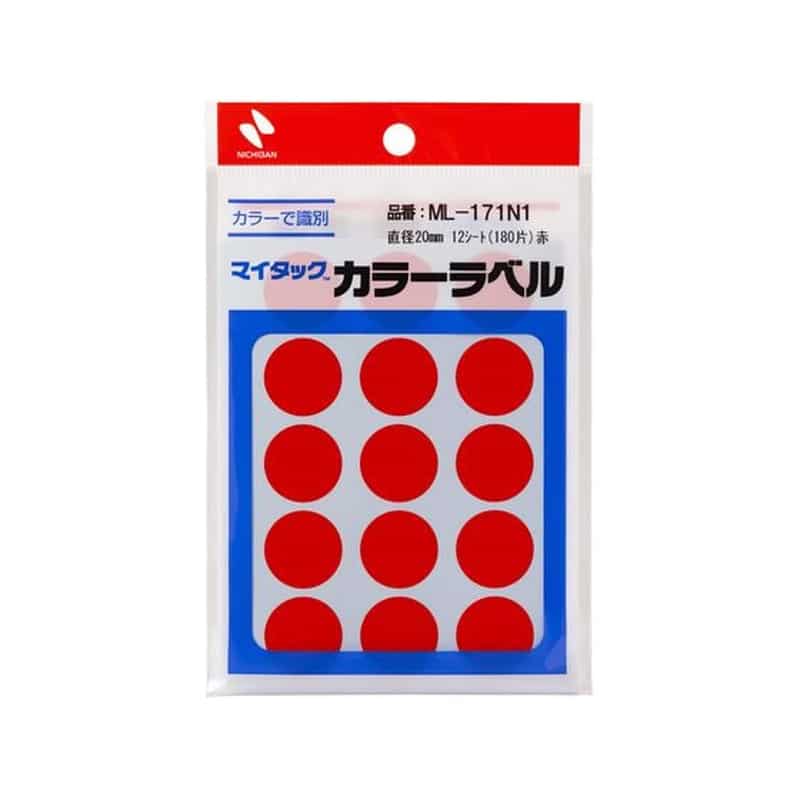 ニチバン マイタックカラーラベル 赤 直径20mm 15片×12シート 1ﾊﾟｯｸ（ご注文単位1ﾊﾟｯｸ）【直送品】