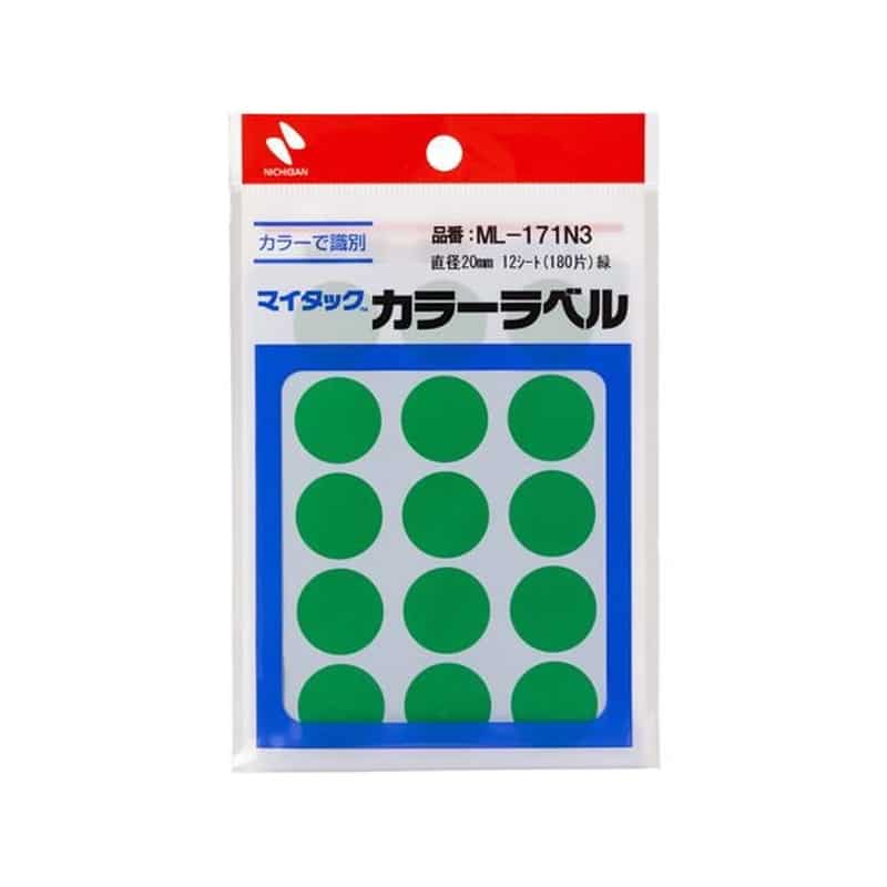 ニチバン マイタックカラーラベル 緑 直径20mm 15片×12シート 1ﾊﾟｯｸ（ご注文単位1ﾊﾟｯｸ）【直送品】
