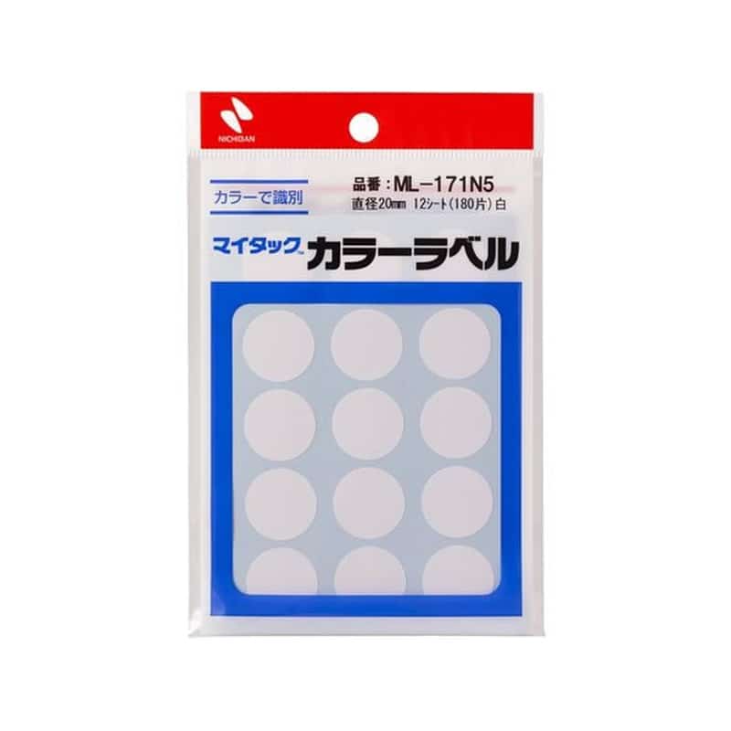 ニチバン マイタックカラーラベル 白 直径20mm 15片×12シート 1ﾊﾟｯｸ（ご注文単位1ﾊﾟｯｸ）【直送品】