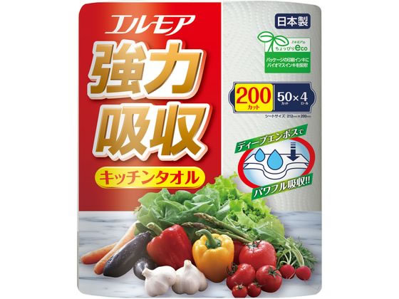 カミ商事 エルモア強力吸収キッチンタオル 50カット 4ロール 1パック(ご注文単位1パック)【直送品】
