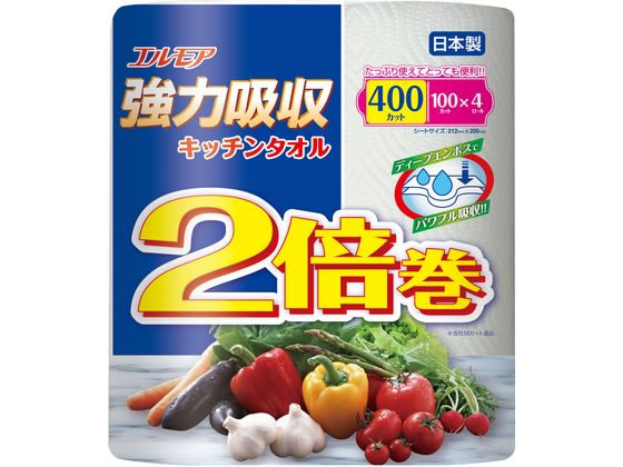 カミ商事 エルモア強力吸収キッチンタオル 2倍巻 100カット 4ロール 1パック(ご注文単位1パック)【直送品】