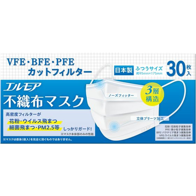 カミ商事 エルモア 不織布マスク ふつうサイズ 30枚 1パック（ご注文単位1パック）【直送品】