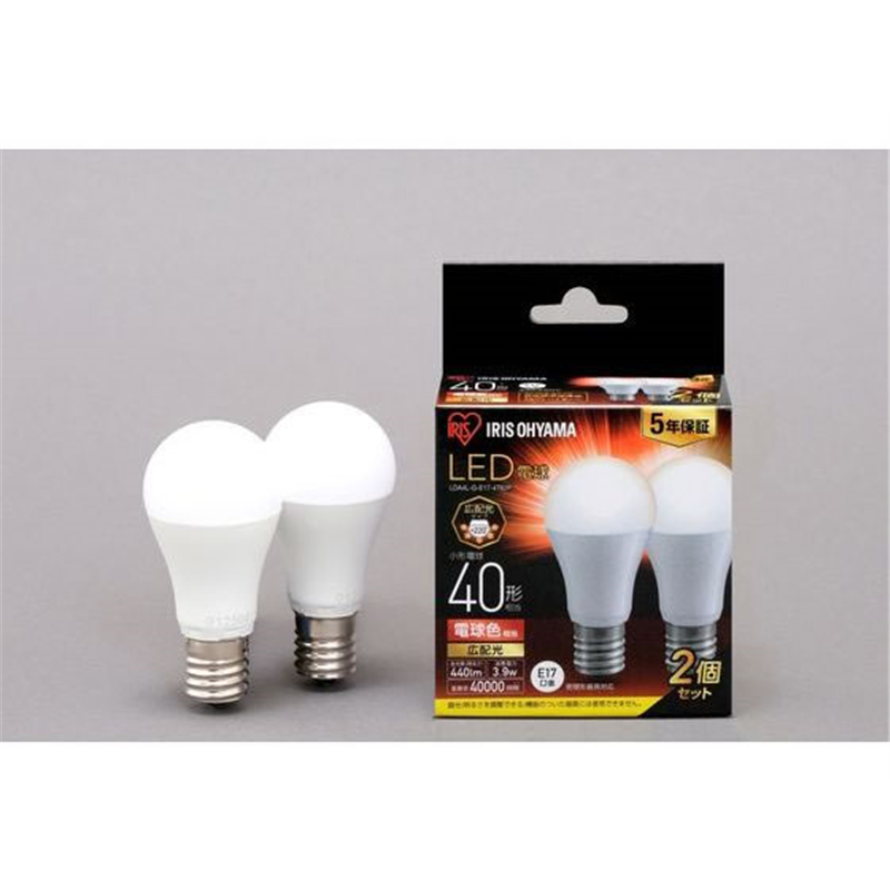アイリスオーヤマ LED電球 E17 広配光 40形相当 電球色 2個 1個(ご注文単位1個)【直送品】