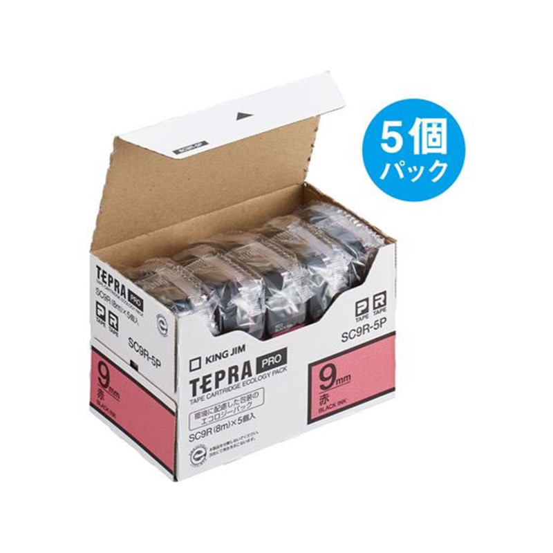キングジム テプラPROテープ 9mm 赤/黒文字 5個 SC9R-5P 1箱(ご注文単位1箱)【直送品】