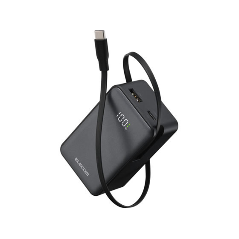 エレコム 巻取式モバイルバッテリー 10000mAh 黒 DE-C82L-10000BK 1個（ご注文単位1個）【直送品】