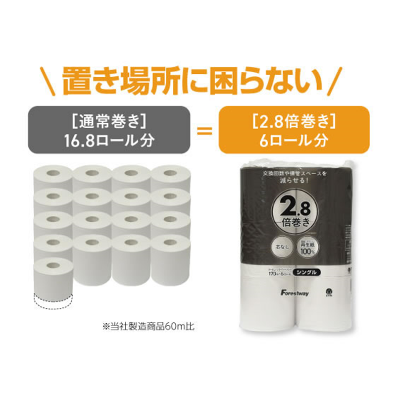 Forestway トイレットペーパー 2.8倍巻 170m シングル 6ロール×8パ 1箱(ご注文単位1箱)【直送品】
