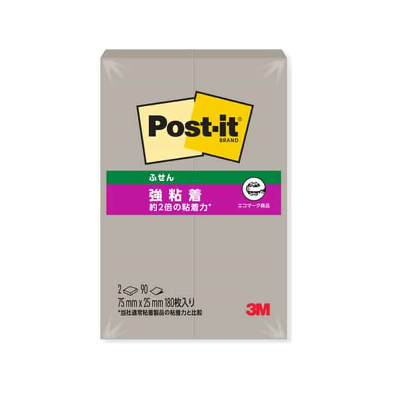 3M ポスト・イット ふせん 強粘着 再生紙 75x25mm ペブルグレー 90枚×2冊500SS-GP 1パック（ご注文単位1パック）【直送品】