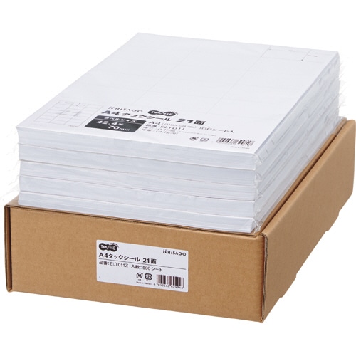 TANOSEE A4タックシール 業務用パック 21面 42.4×70mm 100枚 5冊/箱（ご注文単位1箱）【直送品】