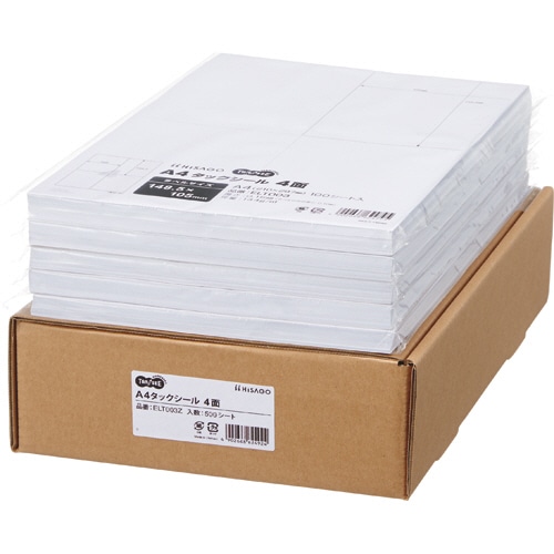 TANOSEE A4タックシール 業務用パック 4面 105×148.5mm 100枚 5冊/箱（ご注文単位1箱）【直送品】