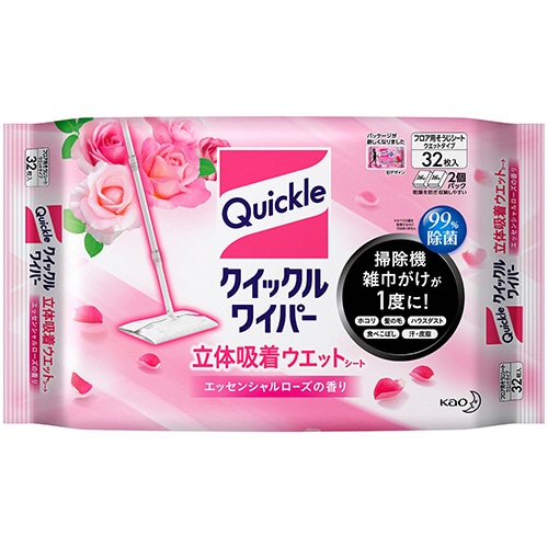 花王 クイックルワイパー 立体吸着ウエットシート エッセンシャルローズの香り 32枚/袋(ご注文単位1袋)【直送品】