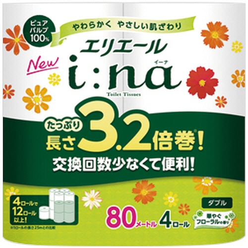 大王製紙 エリエール i：na(イーナ)トイレットティシュー 3.2倍巻 ダブル 芯あり 80m 4ロール/袋（ご注文単位1袋）【直送品】