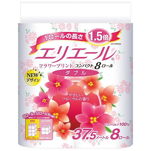 大王製紙 エリエール トイレットティシュー フラワープリント コンパクト ダブル 芯あり 37.5m 香りつき 64ロール/箱（ご注文単位1箱）【直送品】