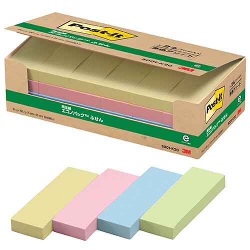 3M ポスト・イット エコノパック ふせん 再生紙 75×25mm 4色 5001-K20 24冊/袋(ご注文単位1袋)【直送品】