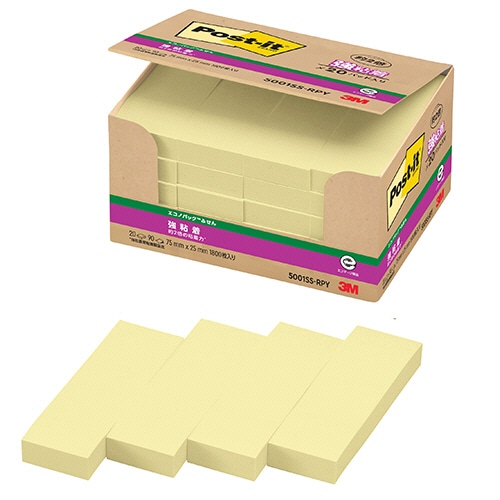3M ポスト・イット エコノパック 強粘着ふせん 75×25mm イエロー 5001SS-RPY 20冊/袋(ご注文単位1袋)【直送品】