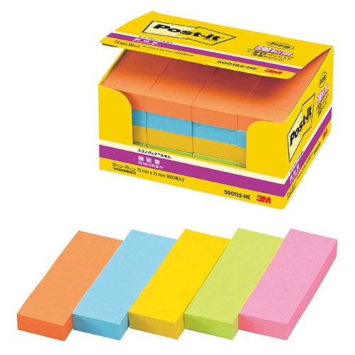 3M ポスト・イット エコノパック 強粘着ふせん 75×25mm ネオンカラー5色 5001SS-NE 20冊/袋(ご注文単位1袋)【直送品】