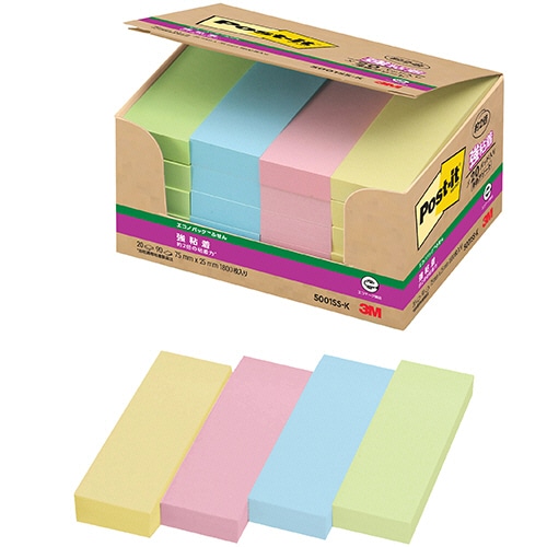 3M ポスト・イット エコノパック 強粘着ふせん 75×25mm パステルカラー4色 5001SS-K 20冊/袋(ご注文単位1袋)【直送品】