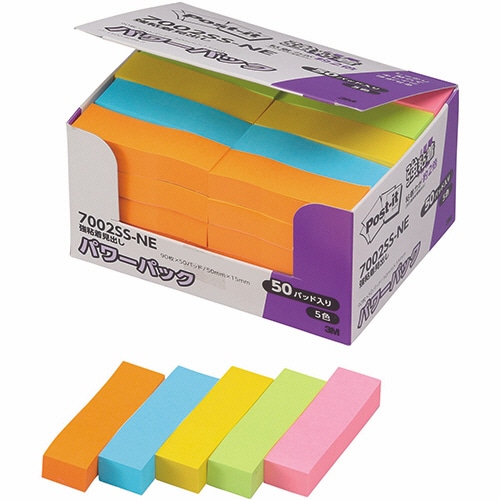 3M ポスト・イット パワーパック 強粘着見出し 50×15mm ネオンカラー5色 7002SS-NE 50冊/袋(ご注文単位1袋)【直送品】