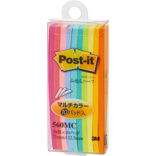 3M ポスト・イット ふせんハーフ マルチカラー 75×12.5mm 10色 560MC 10冊/袋(ご注文単位1袋)【直送品】
