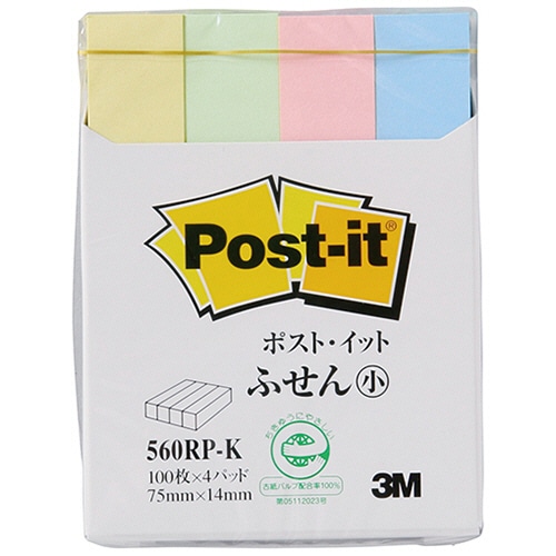 3M ポスト・イット ふせん小 再生紙スタンダードカラー 75×14mm 4色 560RP-K 4冊/袋(ご注文単位1袋)【直送品】