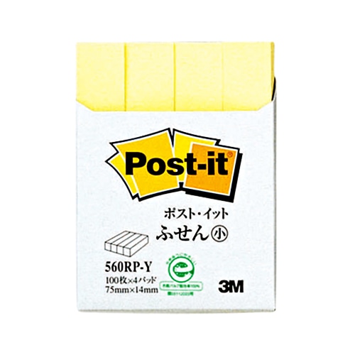 3M ポスト・イット ふせん小 再生紙スタンダードカラー 75×14mm イエロー 560RP-Y 4冊/袋(ご注文単位1袋)【直送品】