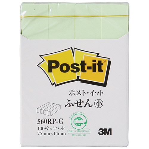 3M ポスト・イット ふせん小 再生紙スタンダードカラー 75×14mm グリーン 560RP-G 4冊/袋(ご注文単位1袋)【直送品】