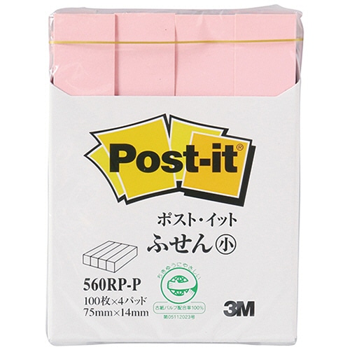 3M ポスト・イット ふせん小 再生紙スタンダードカラー 75×14mm ピンク 560RP-P 4冊/袋(ご注文単位1袋)【直送品】