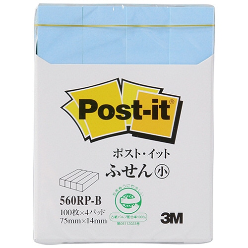 3M ポスト・イット ふせん小 再生紙スタンダードカラー 75×14mm ブルー 560RP-B 4冊/袋(ご注文単位1袋)【直送品】