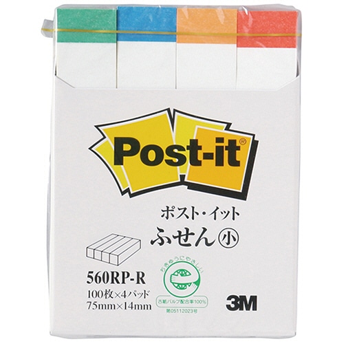 3M ポスト・イット ふせん小 再生紙スタンダードカラー 75×14mm ホワイト(4色帯入) 560RP-R 4冊/袋(ご注文単位1袋)【直送品】