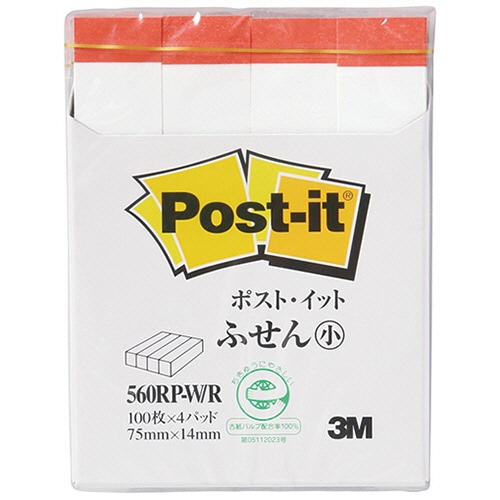 3M ポスト・イット ふせん小 再生紙スタンダードカラー 75×14mm ホワイト(赤帯入) 560RP-W/R 4冊/袋(ご注文単位1袋)【直送品】