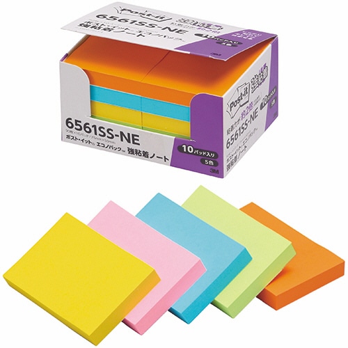 3M ポスト・イット 強粘着 エコノパック ノート 75×50mm ネオンカラー 5色混色 6561SS-NE 10冊/袋(ご注文単位1袋)【直送品】