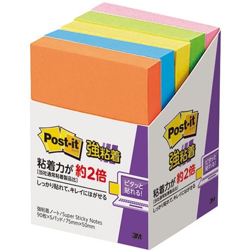 3M ポスト・イット 強粘着 ノート 75×50mm ネオンカラー 5色混色 656-5SSAN 5冊/袋(ご注文単位1袋)【直送品】