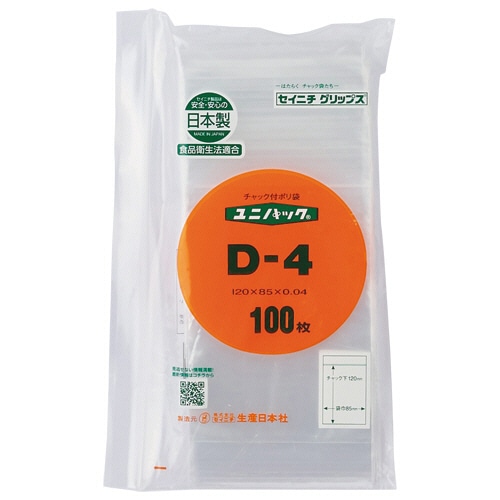 セイニチ ユニパック チャック付 ポリエチレン ヨコ85×タテ120×厚み0.04mm D-4 100枚/袋（ご注文単位1袋）【直送品】