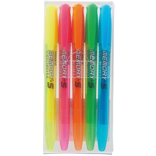 モナミ 蛍光ペン MEMORY・S HIGHLIGHTER 5色セット(黄・桃・橙・緑・水色) 18444 1パック(ご注文単位1パック)【直送品】