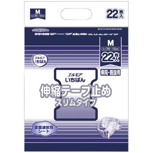 カミ商事 エルモア いちばん 伸縮テープ止め スリムタイプ 病院・施設用 M 22枚 4個/袋（ご注文単位1袋）【直送品】