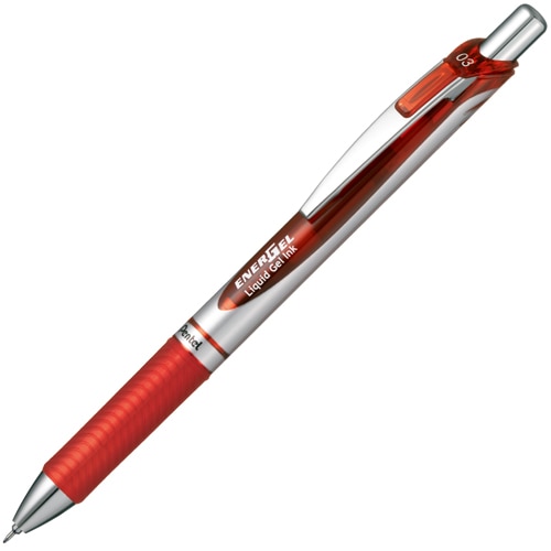 ぺんてる　ゲルインクボールペン　ノック式エナージェル　0.3mm　赤　（軸色：シルバー）　BLN73-B　1本（ご注文単位1本）【直送品】