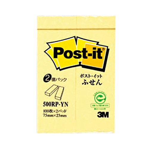 3M　ポスト・イット　ふせん　再生紙　75×25mm　イエロー　500RP-YN　1パック（2冊）（ご注文単位1パック）【直送品】