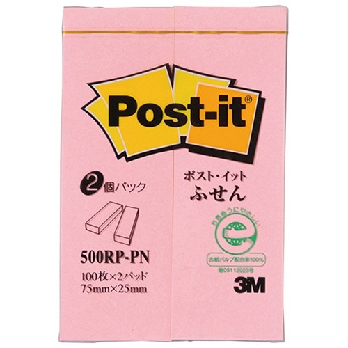 3M　ポスト・イット　ふせん　再生紙　75×25mm　ピンク　500RP-PN　1パック（2冊）（ご注文単位1パック）【直送品】