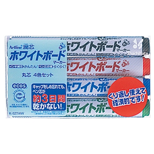 シヤチハタ アートライン潤芯ホワイトボードマーカー 細字丸芯 4色(各色1本) K-527/4W 1パック(ご注文単位1パック)【直送品】