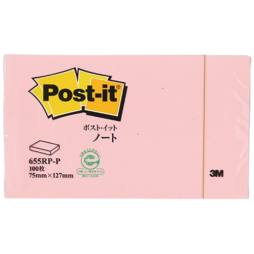 3M ポスト・イット ノート 再生紙スタンダードカラー 75×127mm ピンク 655RP-P 1冊（ご注文単位1冊）【直送品】