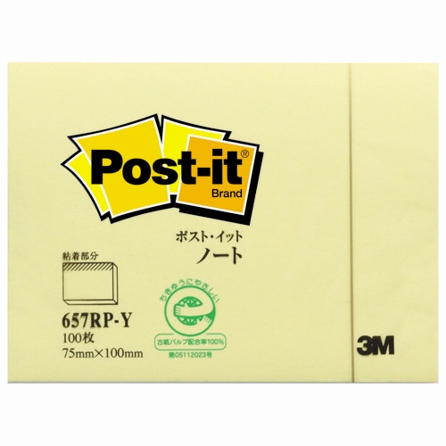 3M ポスト・イット ノート 再生紙スタンダードカラー 75×100mm イエロー 657RP-Y 1冊（ご注文単位1冊）【直送品】