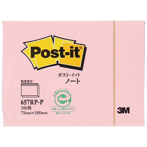 3M ポスト・イット ノート 再生紙スタンダードカラー 75×100mm ピンク 657RP-P 1冊（ご注文単位1冊）【直送品】