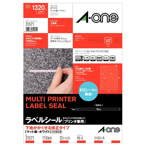 エーワン ラベルシール 各種プリンタ兼用 下地がかくせる修正タイプ マット紙 ホワイト A4 110面 90×5mm 四辺余白付 31571 12枚/冊（ご注文単位1冊）【直送品】
