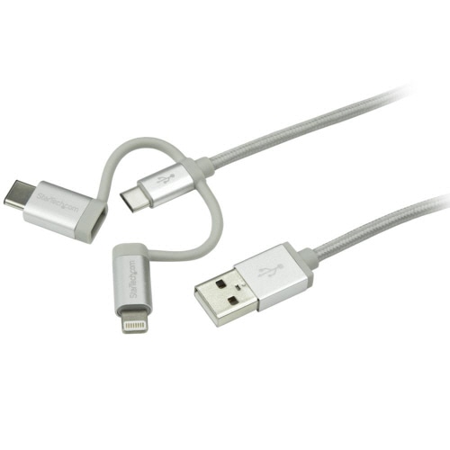 StarTech.com　iPhone／スマホ対応　マルチ充電ケーブル　1m　USB　A-Lightning／USB　C／Micro　B　シルバー　LTCUB1MGR　1本（ご注文単位1本）【直送品】