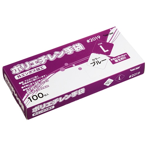 川西工業 ポリエチレン手袋 #2019 外エンボス ブルー L 100枚/箱（ご注文単位1箱）【直送品】