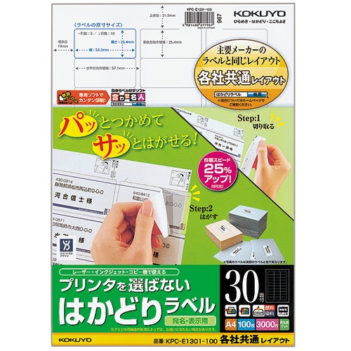 コクヨ プリンタを選ばない はかどりラベル(各社共通レイアウト) A4 30面 25.4×53.3mm KPC-E1301-100N 1冊(100シート)(ご注文単位1冊)【直送品】