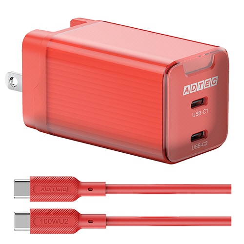 アドテック PD対応 AC充電器 GaN USB Type-C 2ポート Type-Cケーブル付属 65W レッド APD-V065C2-RD-SC10U2 1個(ご注文単位1個)【直送品】